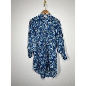 Mille Resort & Travel XS Blue Floral Block Print Mini Shirt Dress Cotton